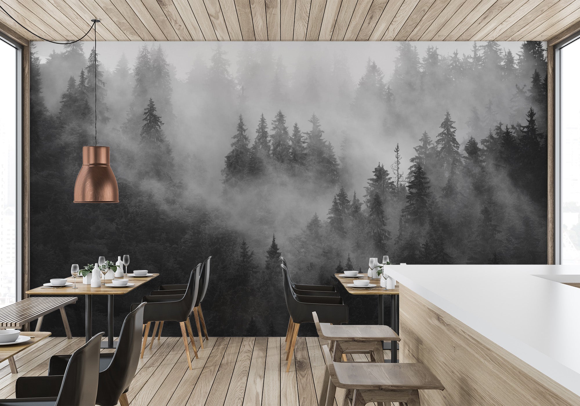 Papier peint bistrot forêt brumeuse noir et blanc, mural concept, tendance