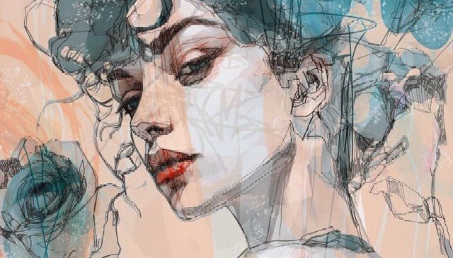 Papier peint visage féminin blue rose