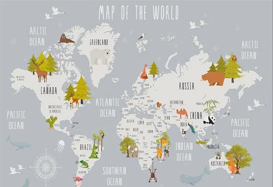 Papier peint chambre enfant map animaux gris clair
