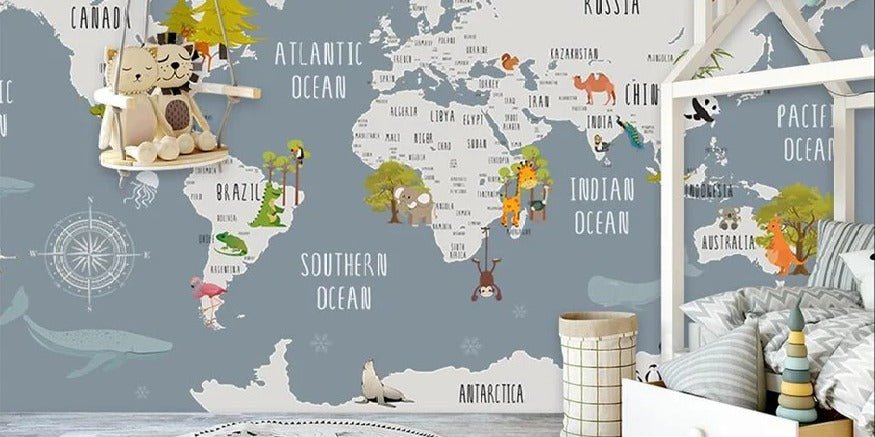 Papier peint chambre enfant map animaux gris, XXL, tendance