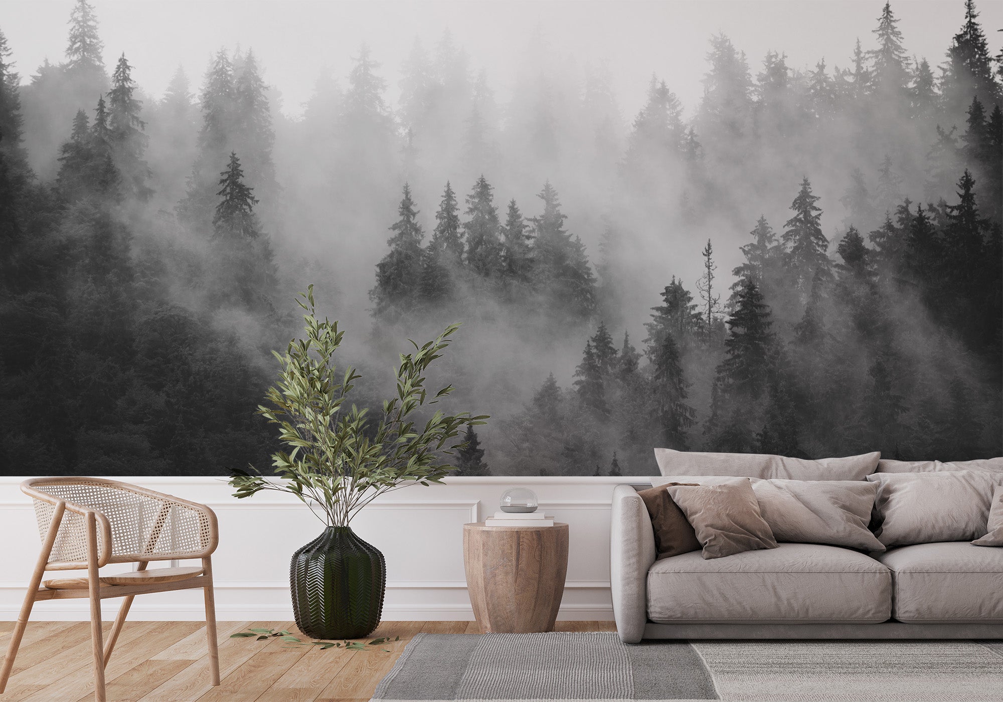 Papier peint forêt brumeuse noir et blanc, mural concept, tendance