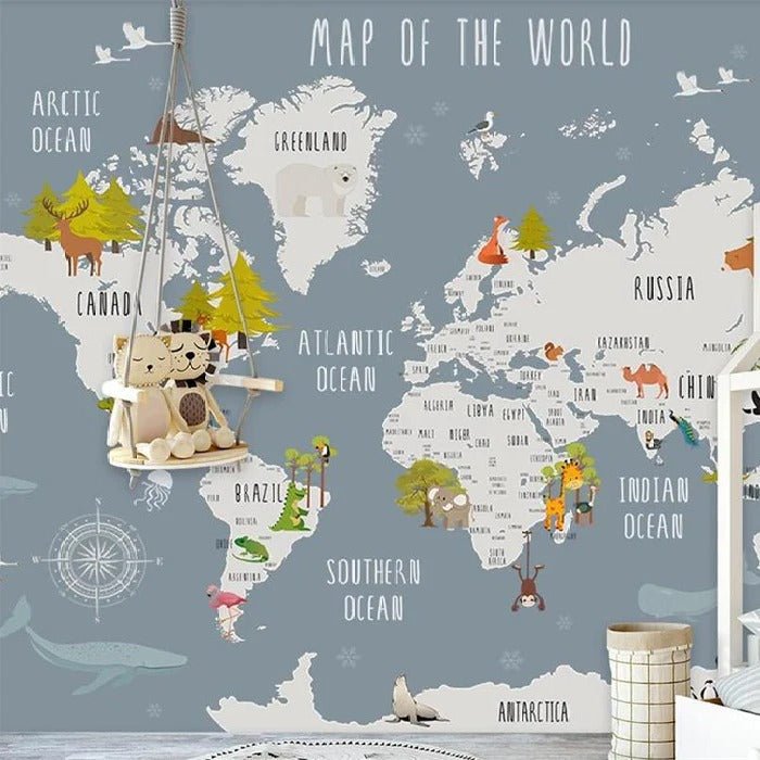 Papier peint chambre enfant map animaux gris