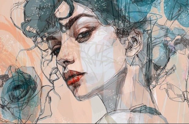 Papier peint visage féminin blue rose