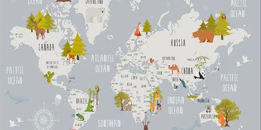Papier peint chambre enfant map animaux gris clair