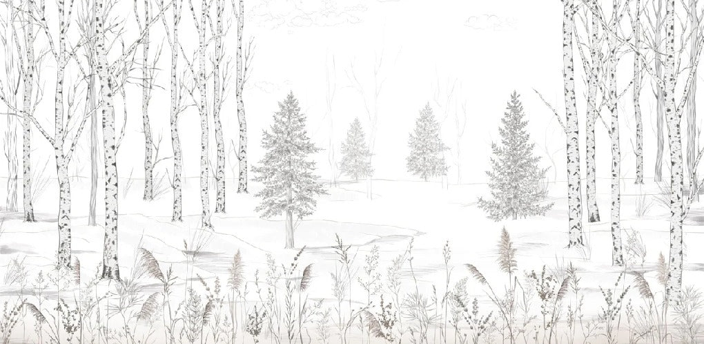 Papier peint forêt d'arbres noir et blanc