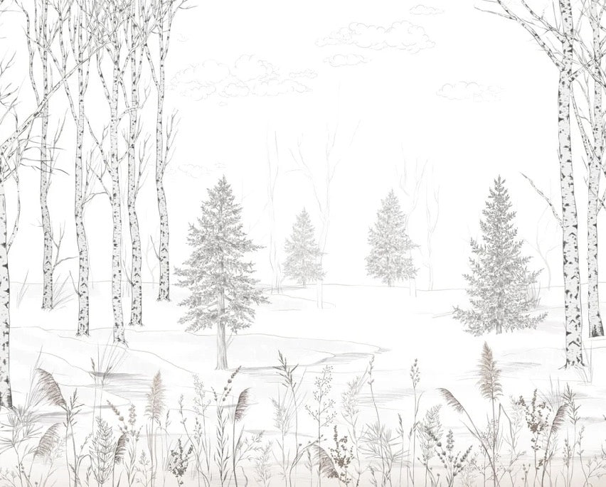 Papier peint forêt d'arbres noir et blanc