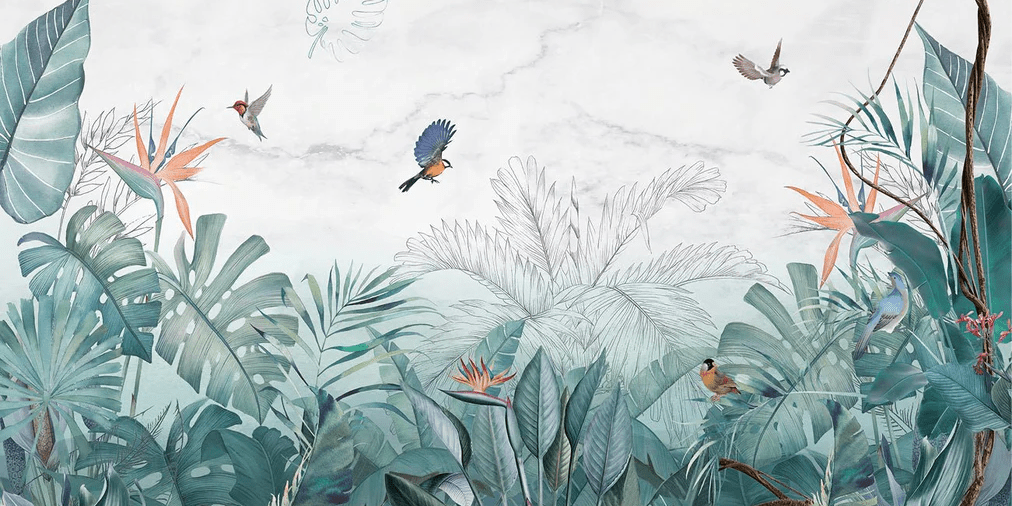 Papier peint Jungle Bleu Marbre - H100cm x L200cm - Matière Softouch, XXL, tendance