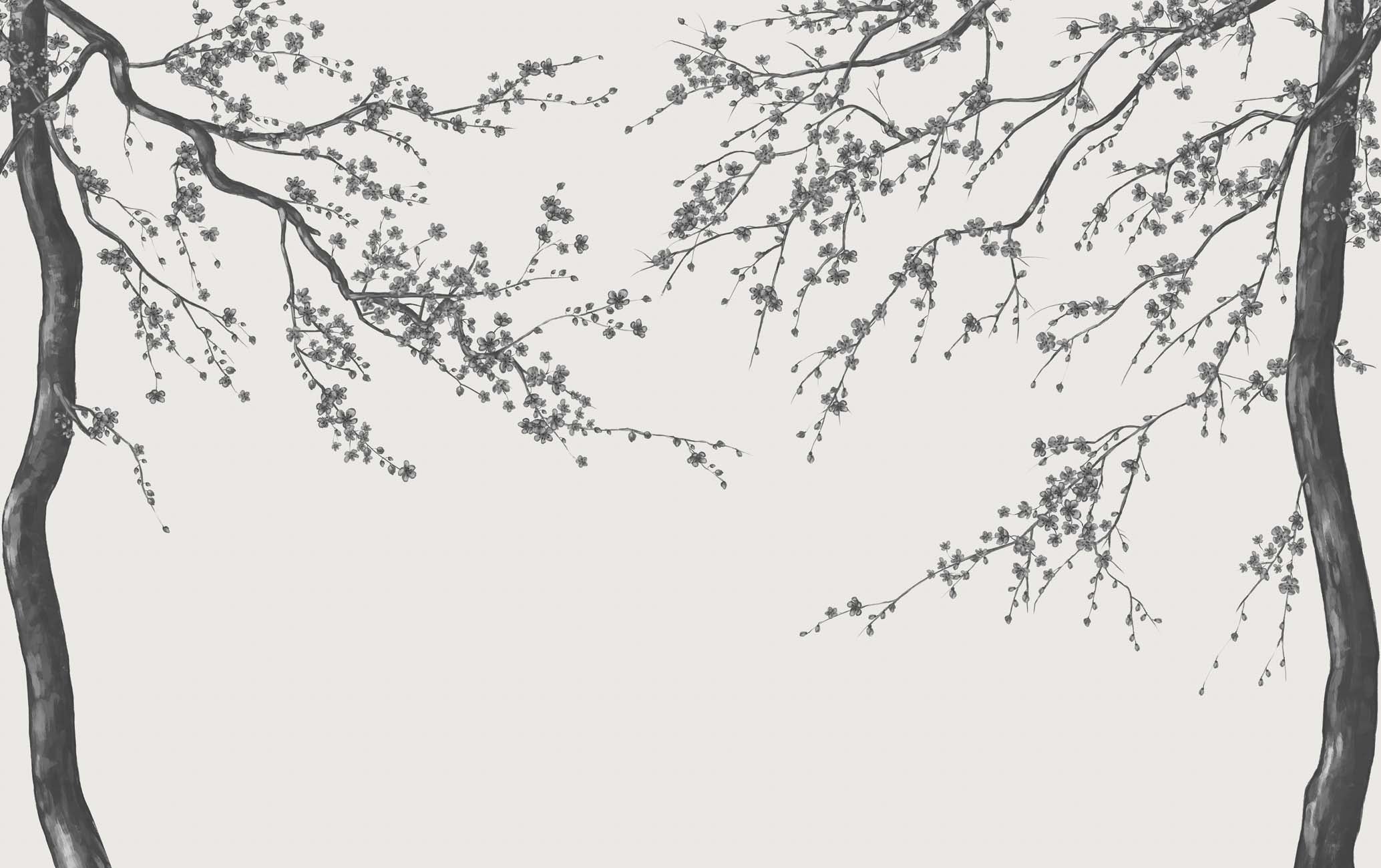 Papier peint panoramique fleur Sakura noir et blanc, XXL, tendance