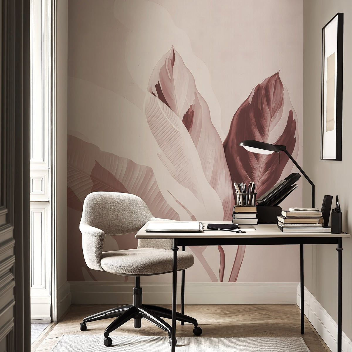 Papier peint feuillage moderne bordeau