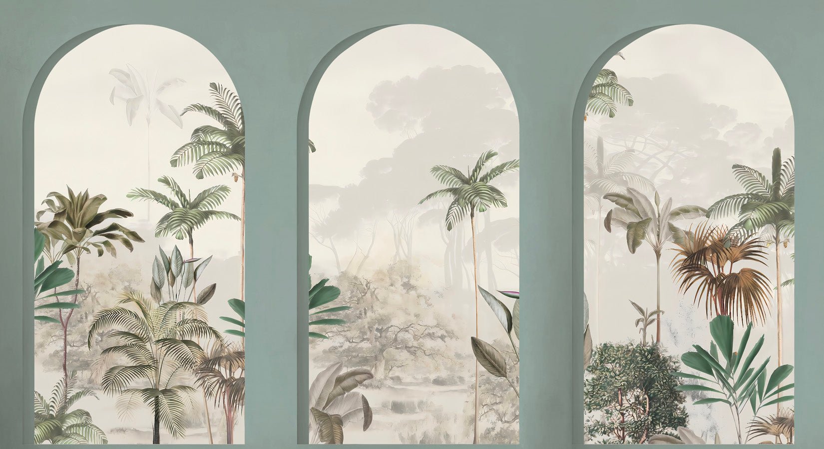 Papier peint arches luxuriantes vert, mural concept, tendance