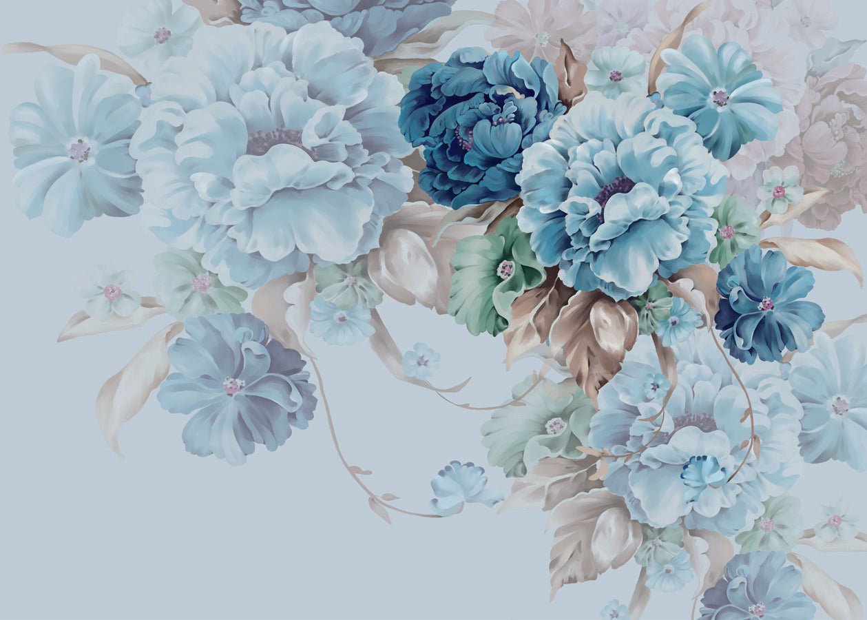 Papier peint fleurs bleues, mural concept, tendance