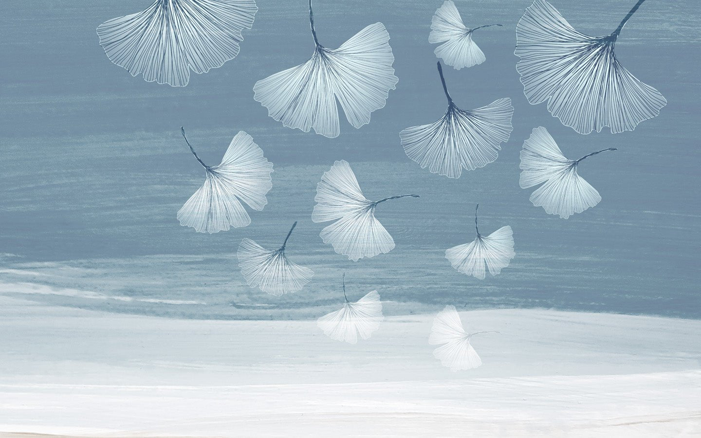 Papier peint panoramique japandi blue gingko, mural concept, tendance