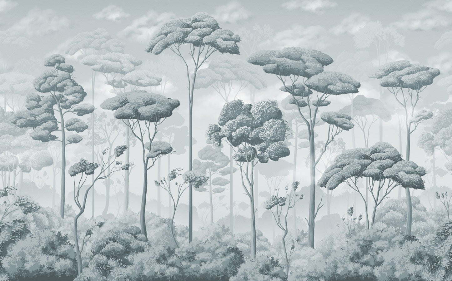 Papier peint panoramique pinède volupté bleu argent, mural concept, tendance