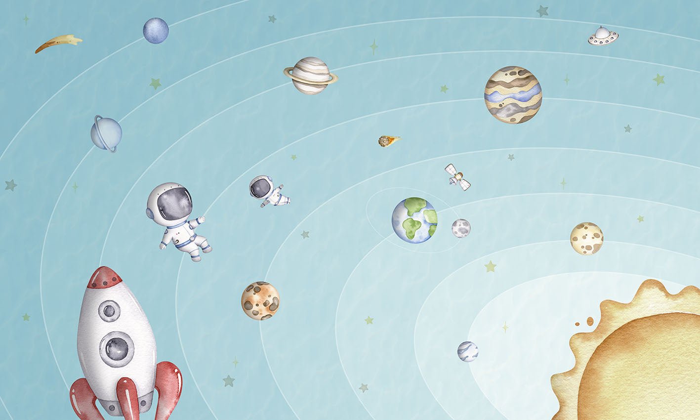 Papier peint bébé univers bleu ciel, XXL, tendance