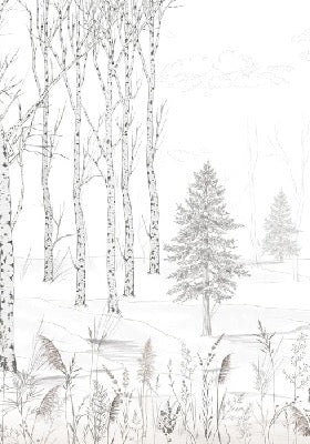 Papier peint forêt d'arbres noir et blanc