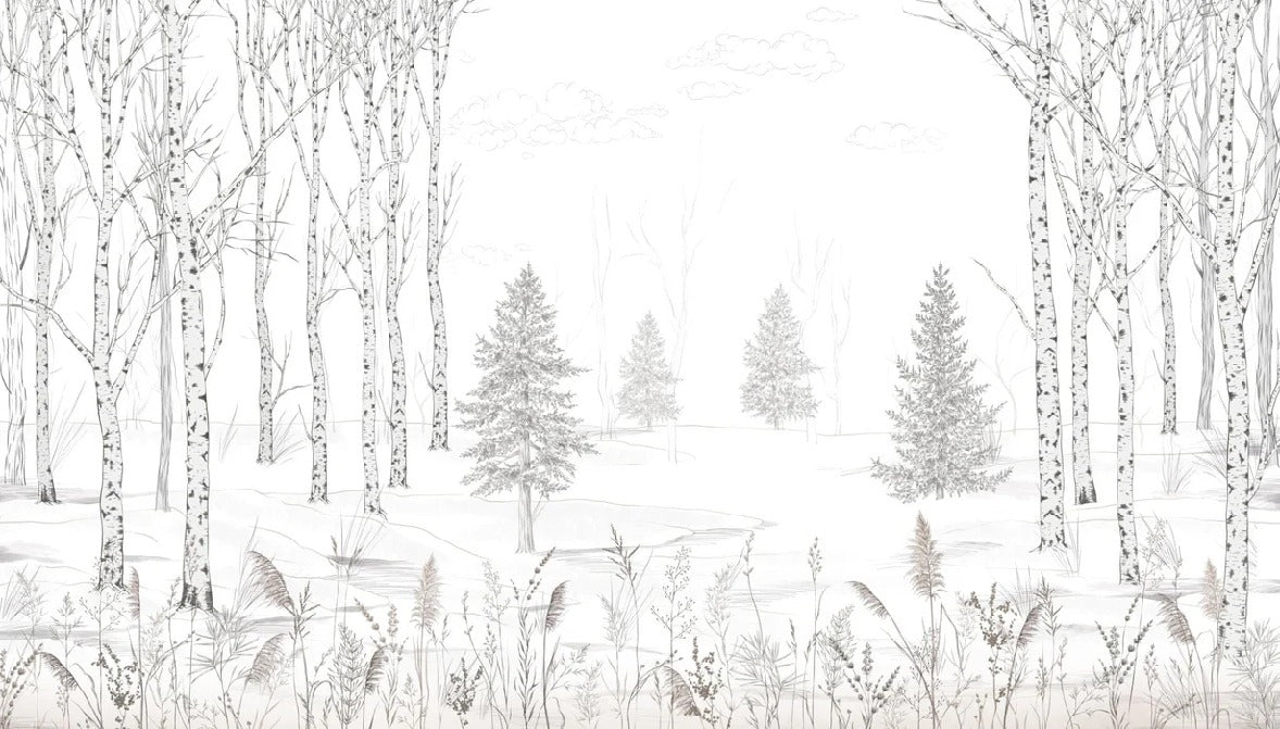 Papier peint forêt d'arbres noir et blanc