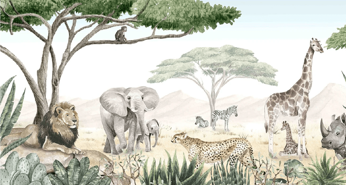 Papier peint enfant savane en peinture