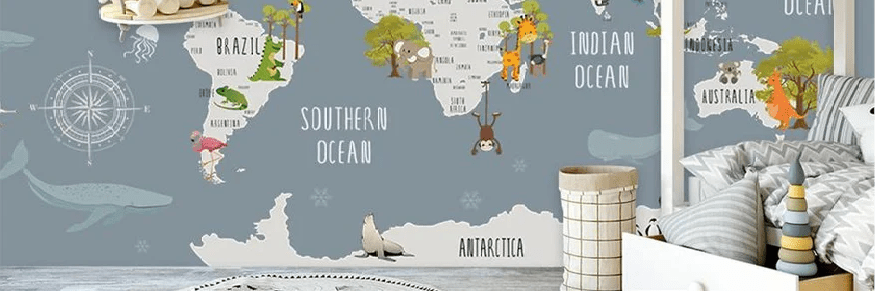 Papier peint chambre enfant map animaux gris