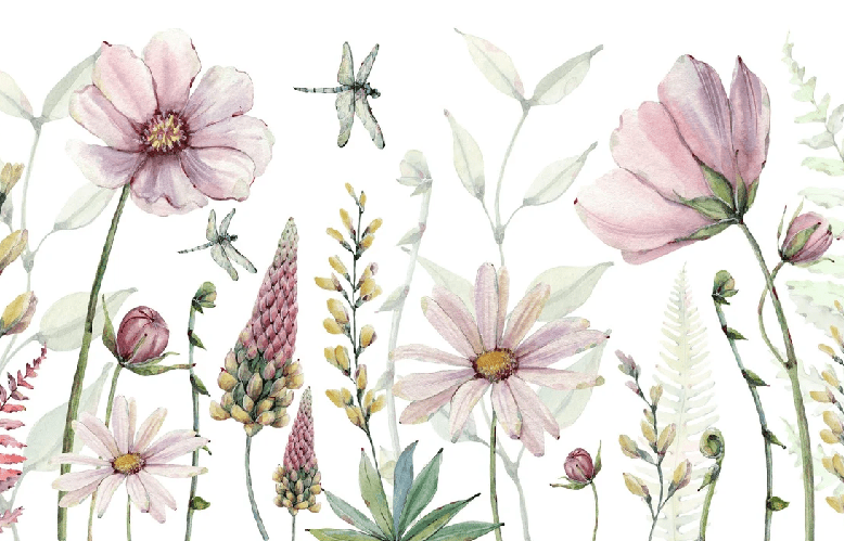 Papier peint fleurs et libellules