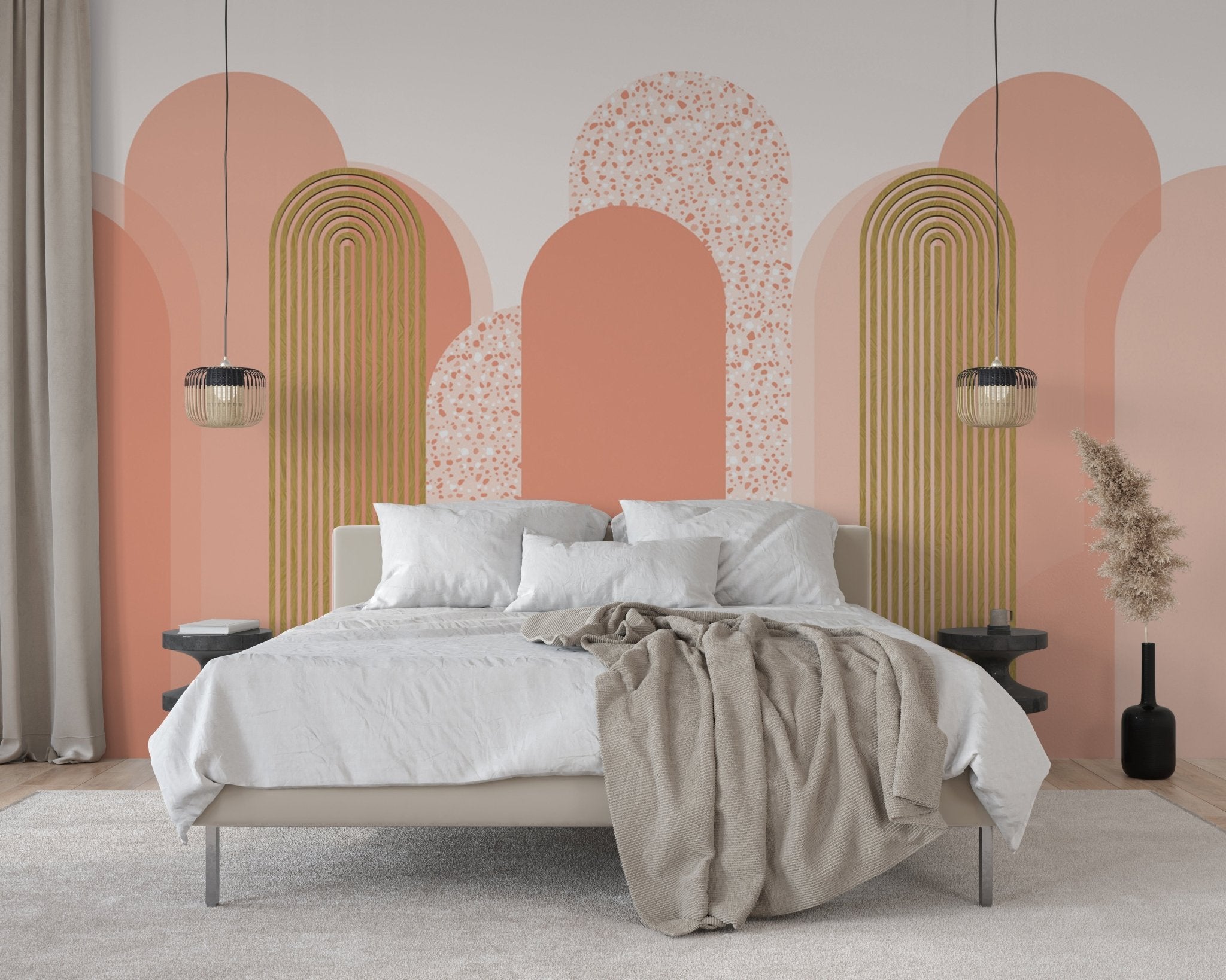 Papier peint Art déco graphique tendance rosé, mural concept, tendance