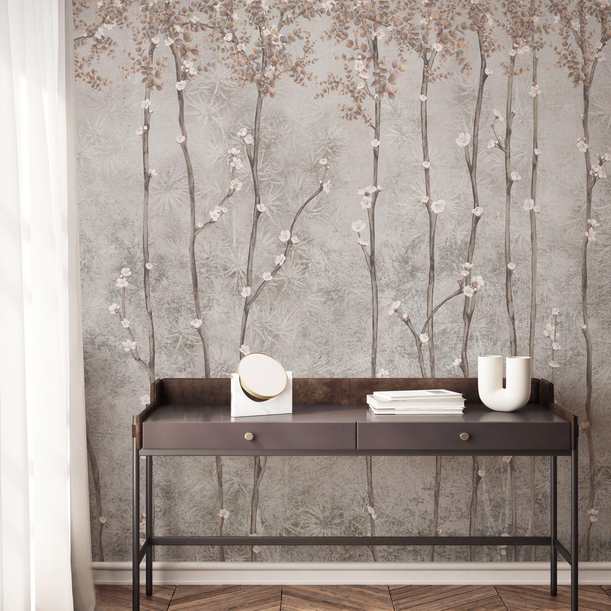 Papier peint panoramique branches japandi, mural concept, tendance