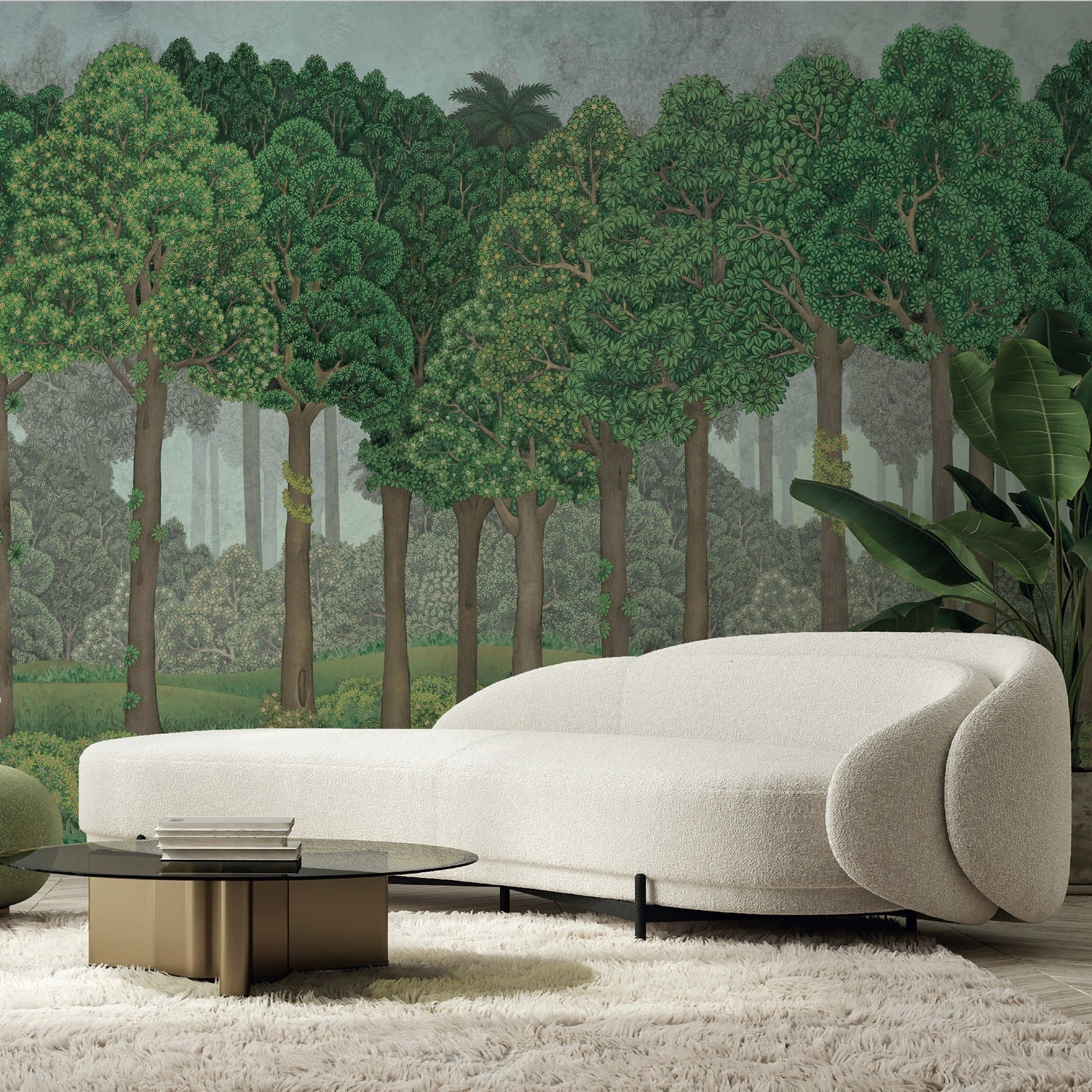 Papier peint grands arbres illustré, mural concept, tendance