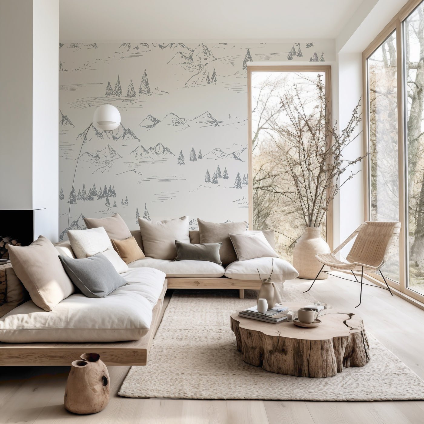 Papier peint illustration montagne et sapin, XXL, tendance