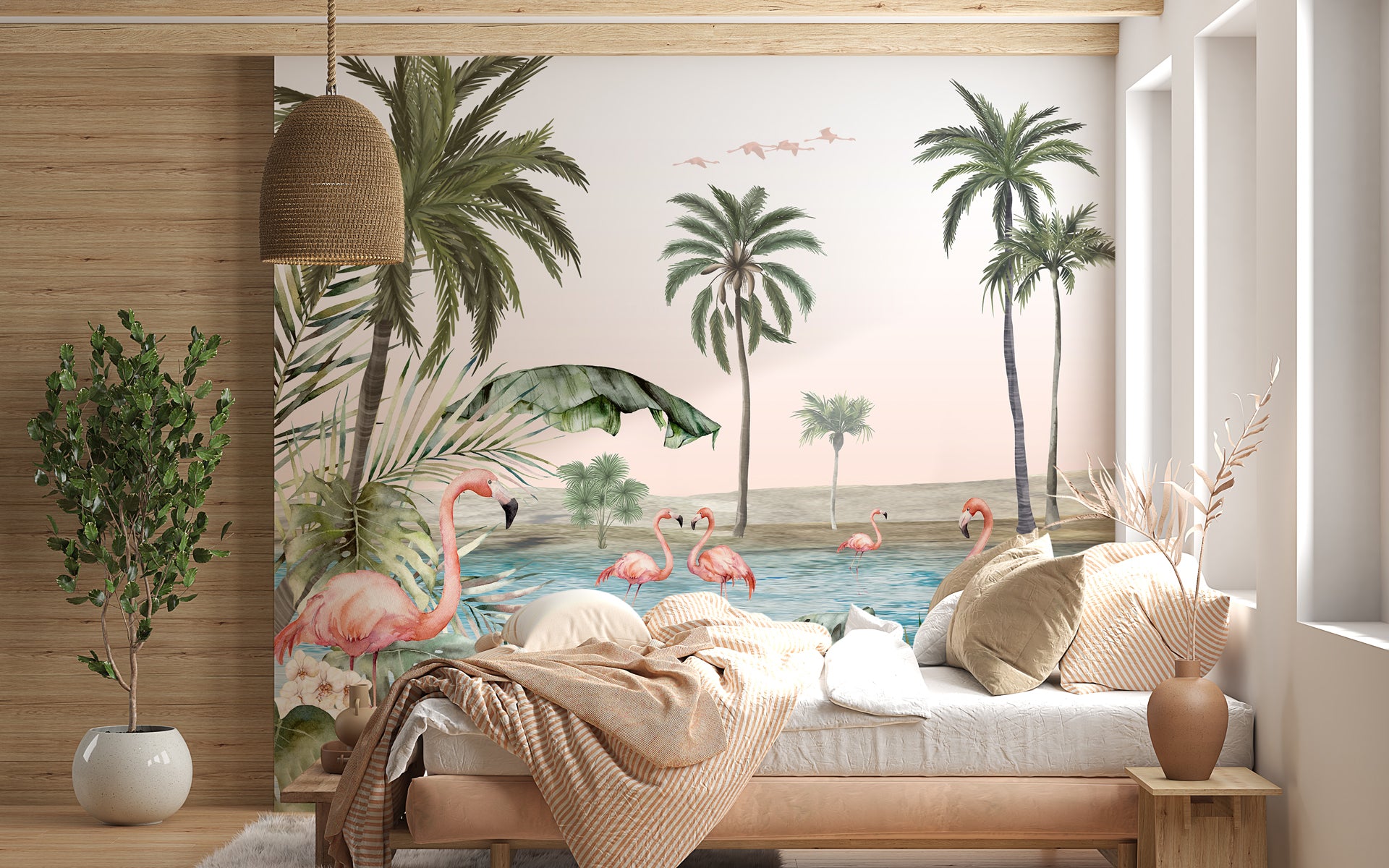 Papier peint oasis flamingo, mural concept, tendance