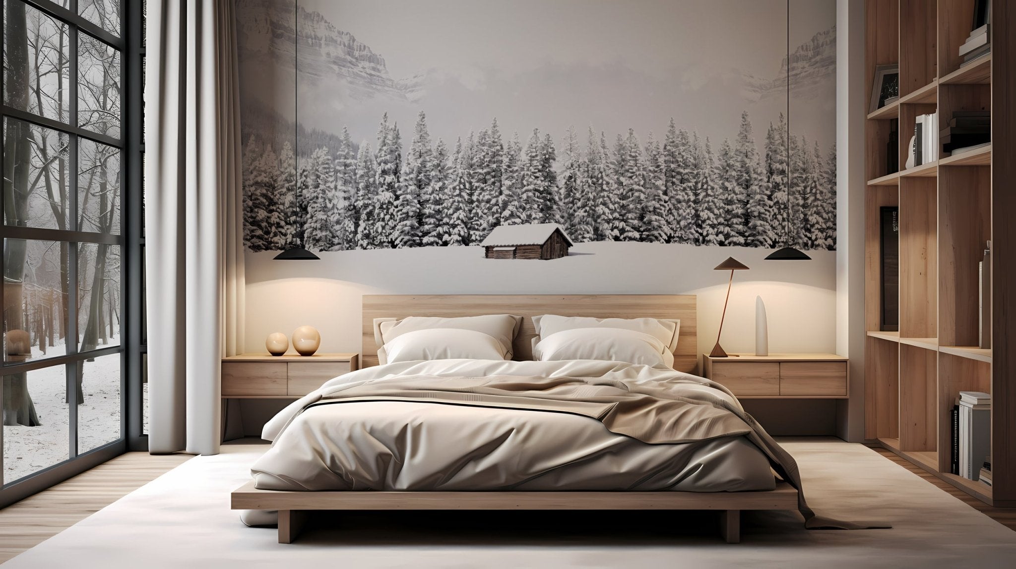 Papier peint panoramique chalet en montagne, mural concept, tendance