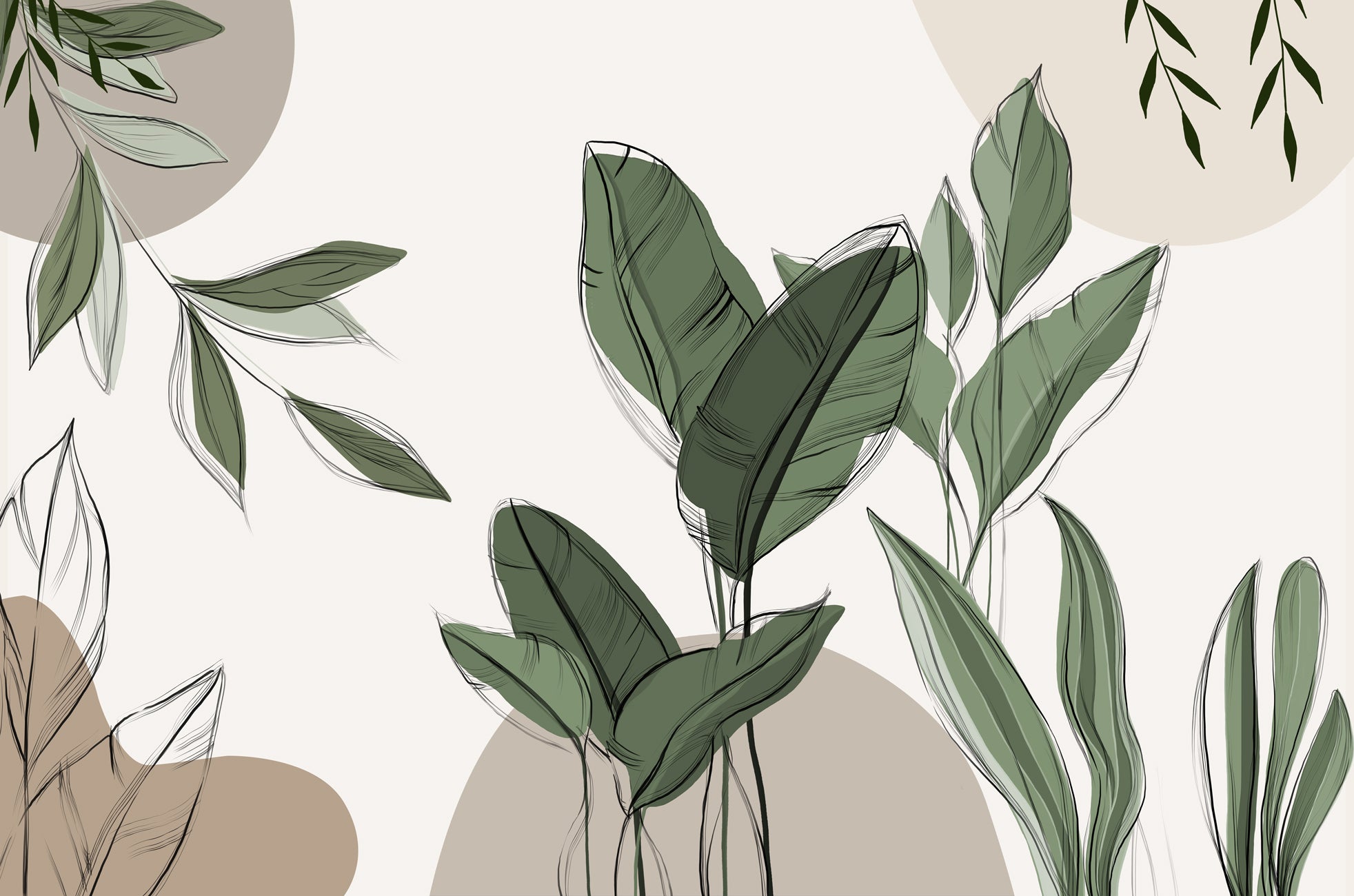 Papier peint panoramique végétal graphique taupe, XXL, tendance