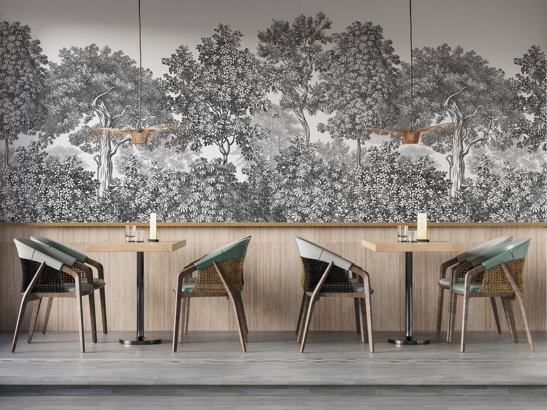 Papier peint paysage forêt gravure noir et blanc, XXL, tendance