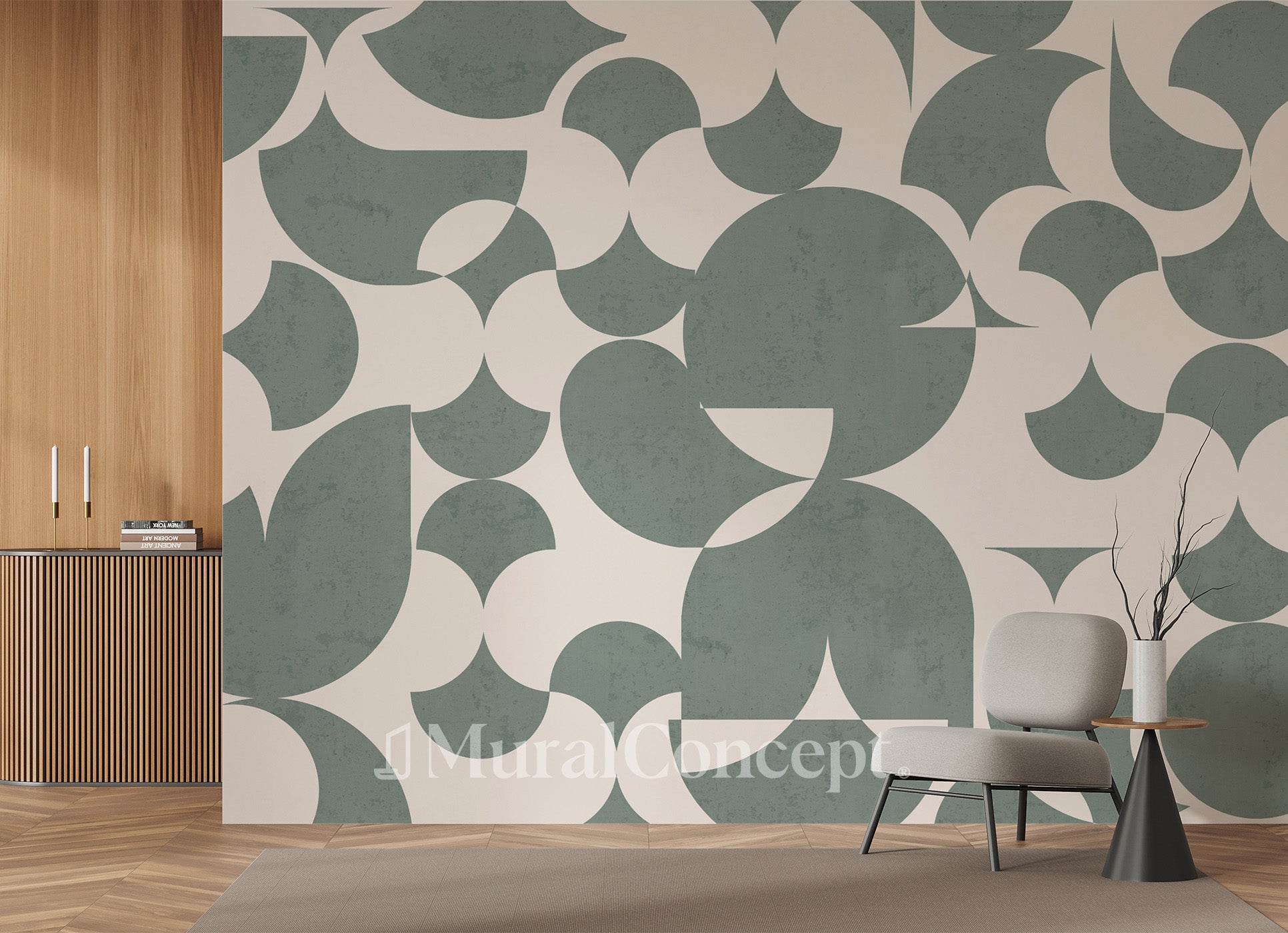 Papier peint rétro forme graphique vert ardoise, XXL, tendance