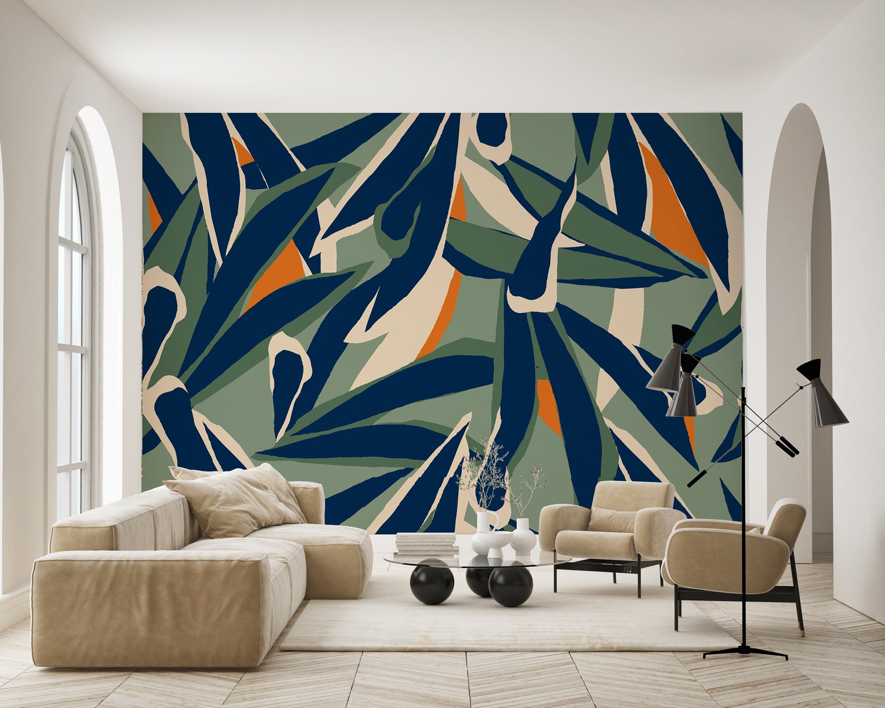 Papier peint panoramique esquisse végétale, mural concept, tendance