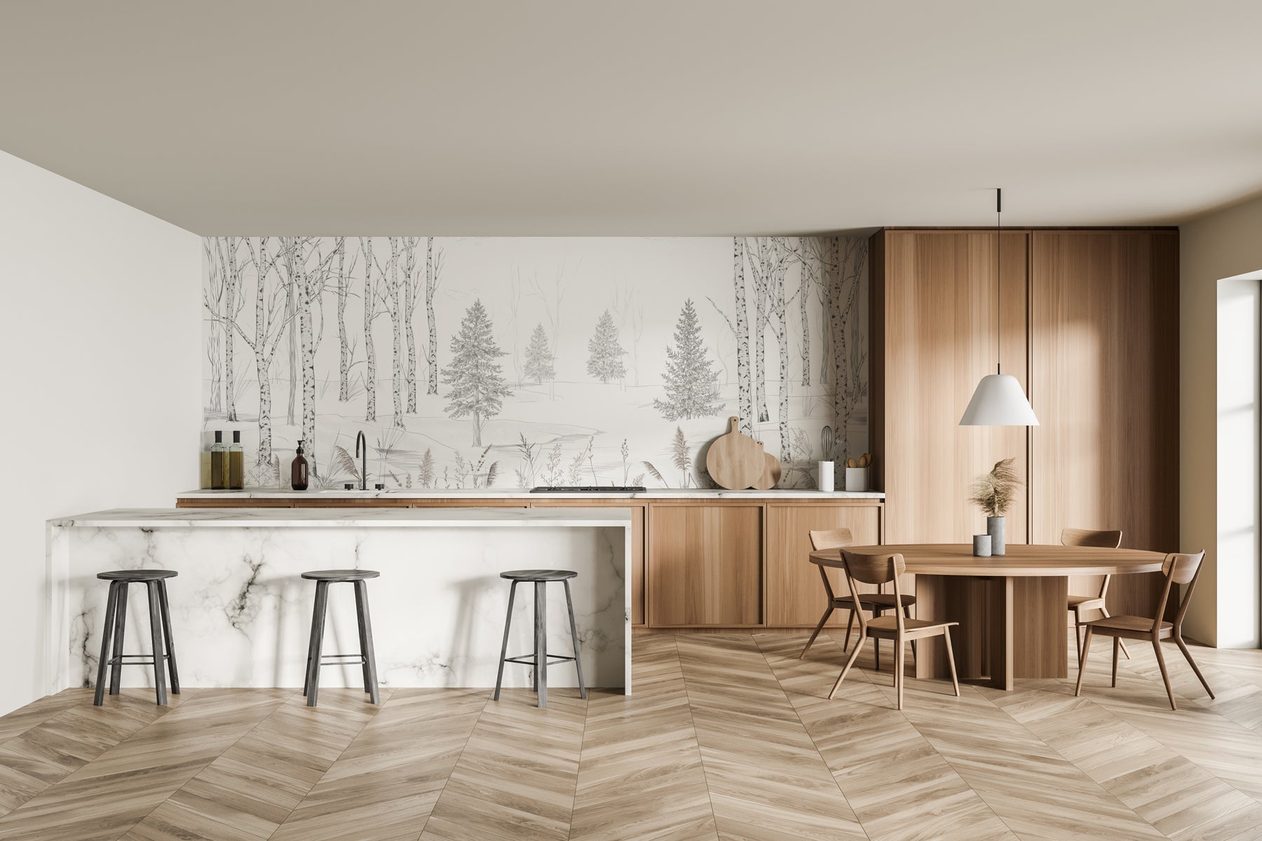 Papier peint forêt noir et blanc – Douceur des Bois, XXL, tendance