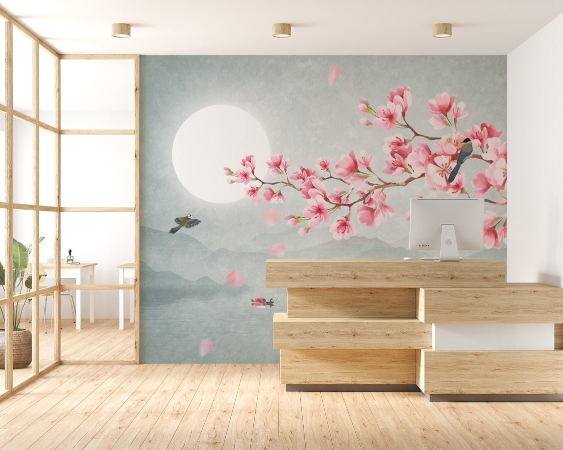 Papier peint tendance floral cerisier poétique - papier peint sur mesure francais - muralconcept