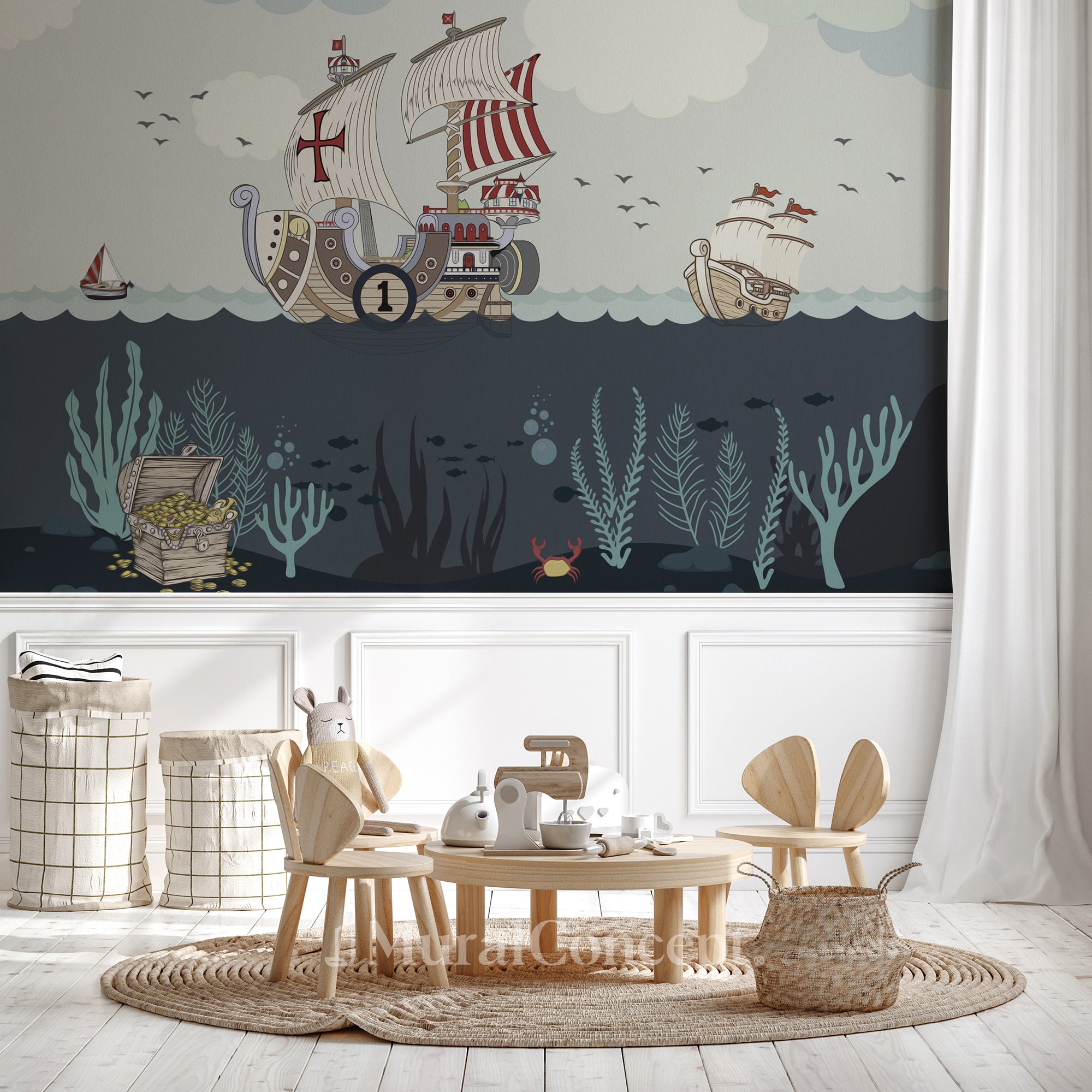 Papier peint enfant pirate bateau moussaillon mer - décor mural sur mesure français