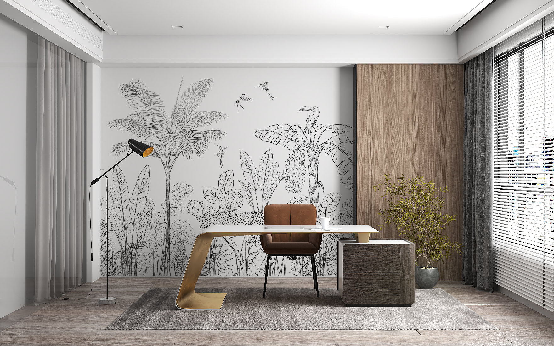 Papier peint jungle noir et blanc léopard - papier peint sur mesure francais - muralconcept