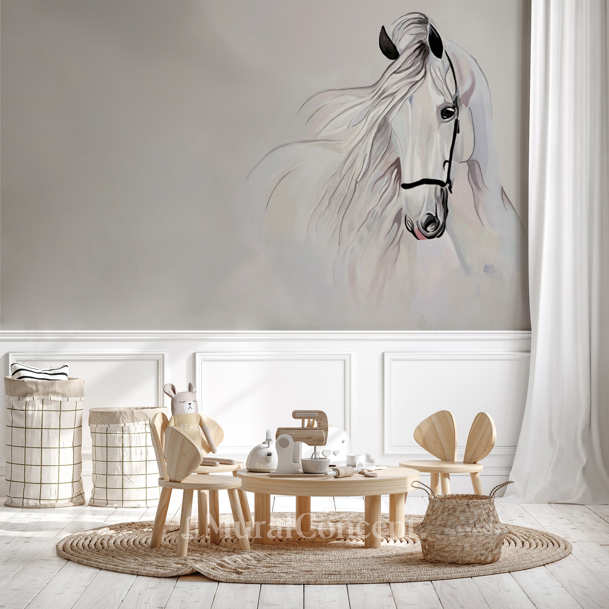 Papier peint chambre enfant étalon blanc - décor mural sur mesure français