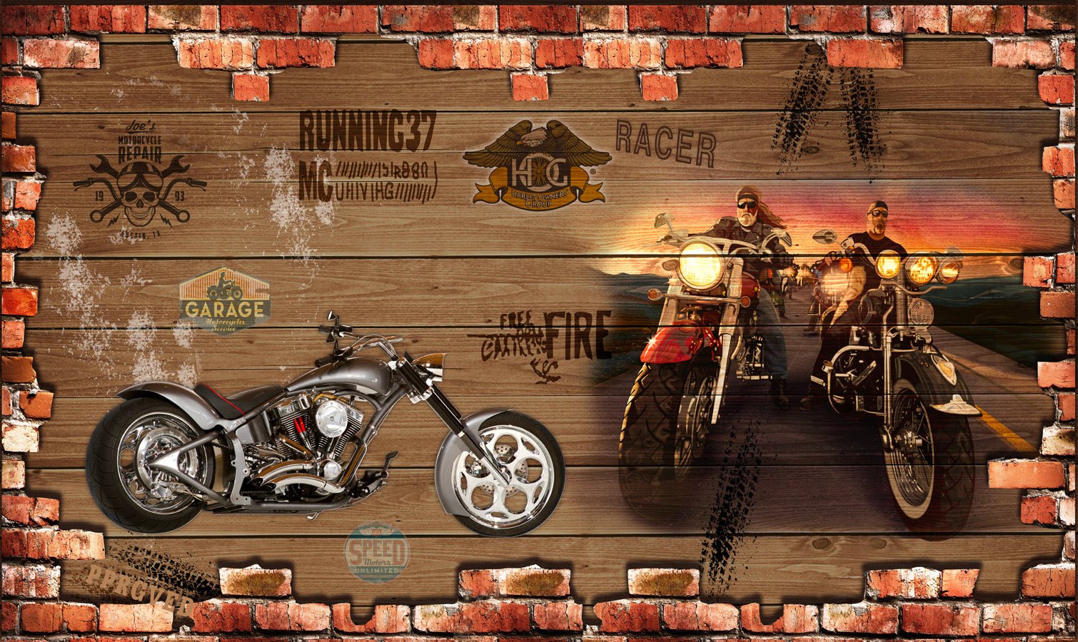 Papier peint Brique & Moto Rétro, mural concept, tendance