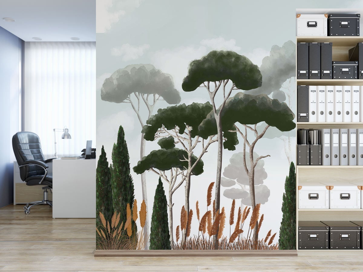 Papier peint sur mesure cyprès pins et herbes de la pampa - papier peint sur mesure francais - muralconcept