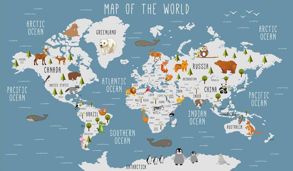 Papier peint Carte du monde illustrée Animaux - papier peint sur mesure francais - muralconcept