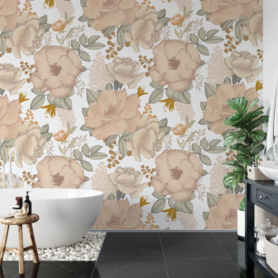 Papier peint fleur pastel terracotta - papier peint sur mesure francais - muralconcept