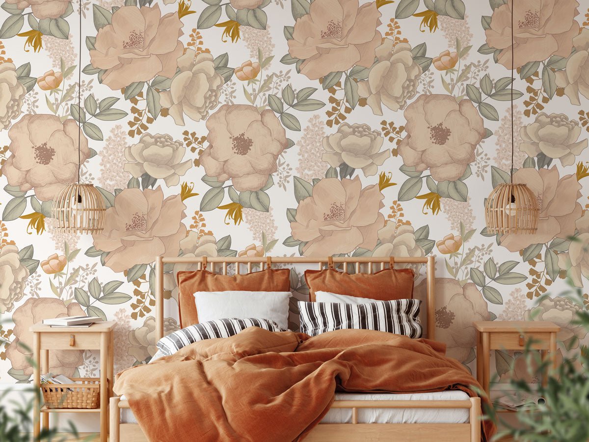 Papier peint fleur pastel terracotta - papier peint sur mesure francais - muralconcept