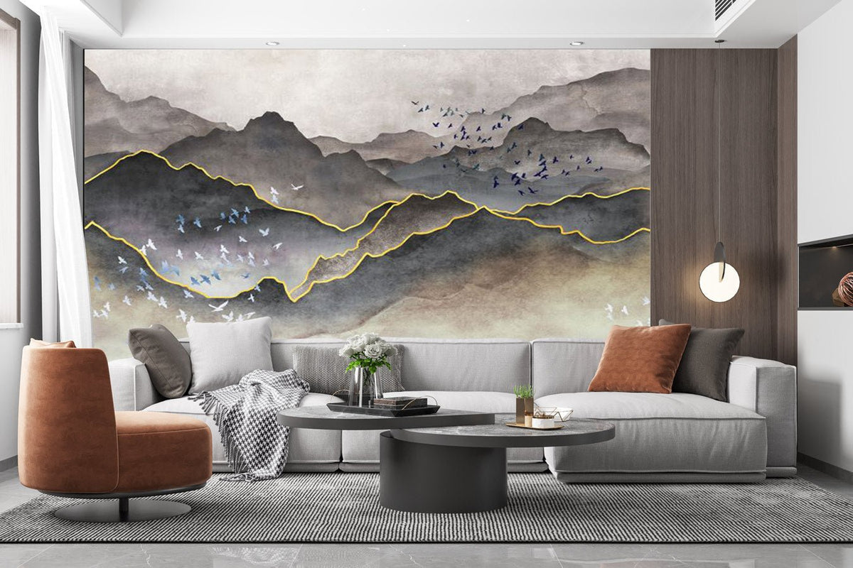Papier peint intissé doré montagne noir et blanc brume