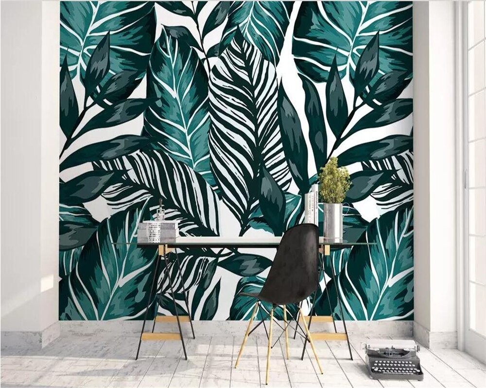 Papier peint intissé feuille couleur bleu paon