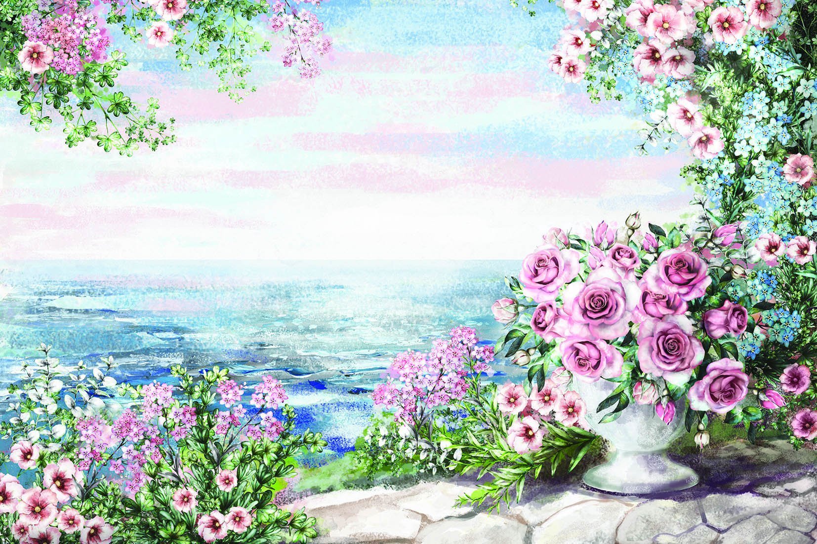 Papier peint mer bordée de roses - papier peint sur mesure francais - muralconcept