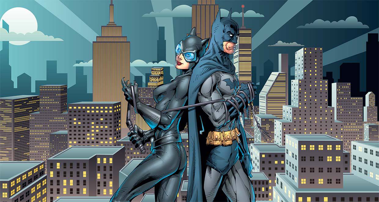 Papier peint panoramique batman catwoman ensemble in town - papier peint sur mesure francais - muralconcept
