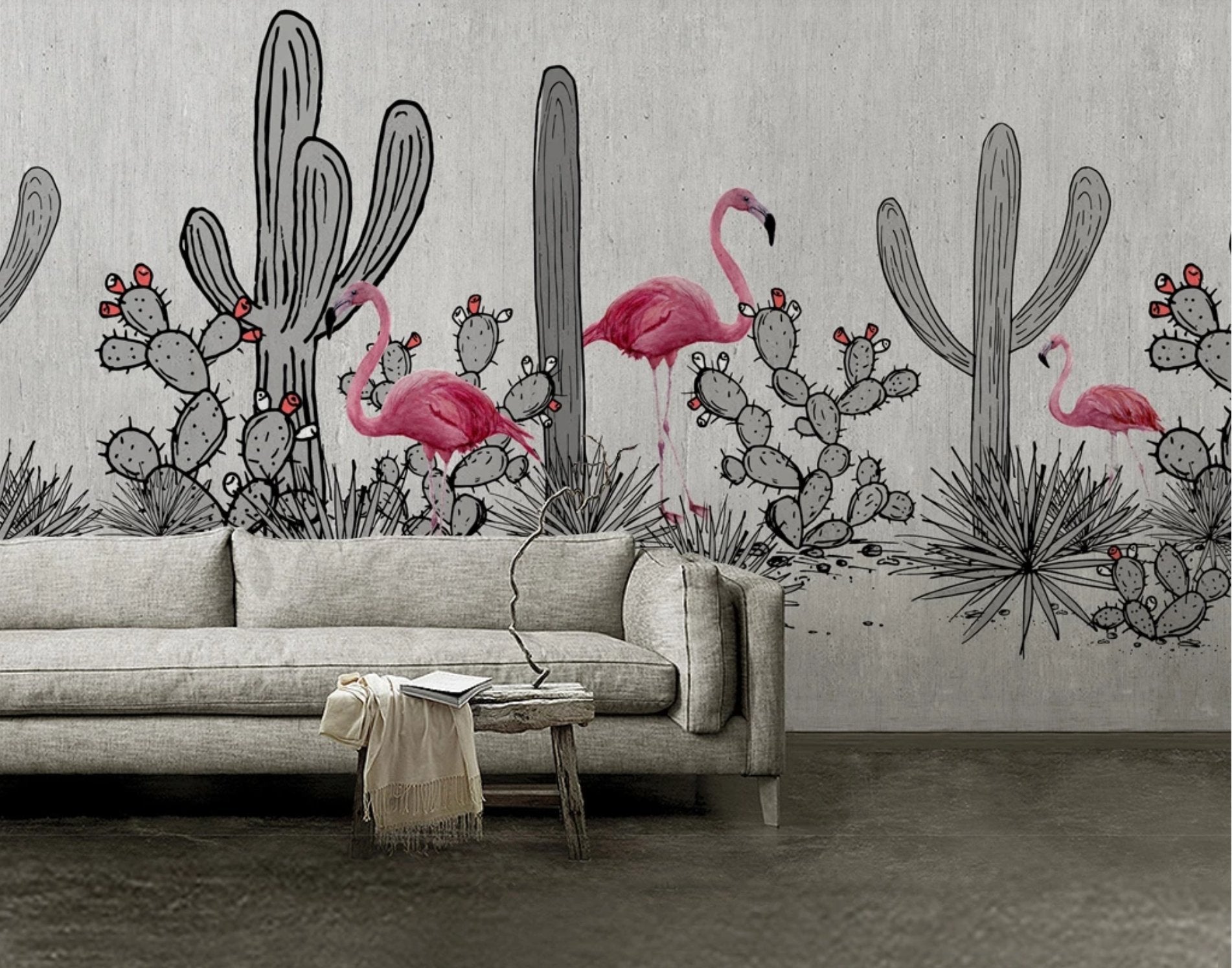 Papier peint panoramique cactus & flamant rose - papier peint sur mesure francais - muralconcept