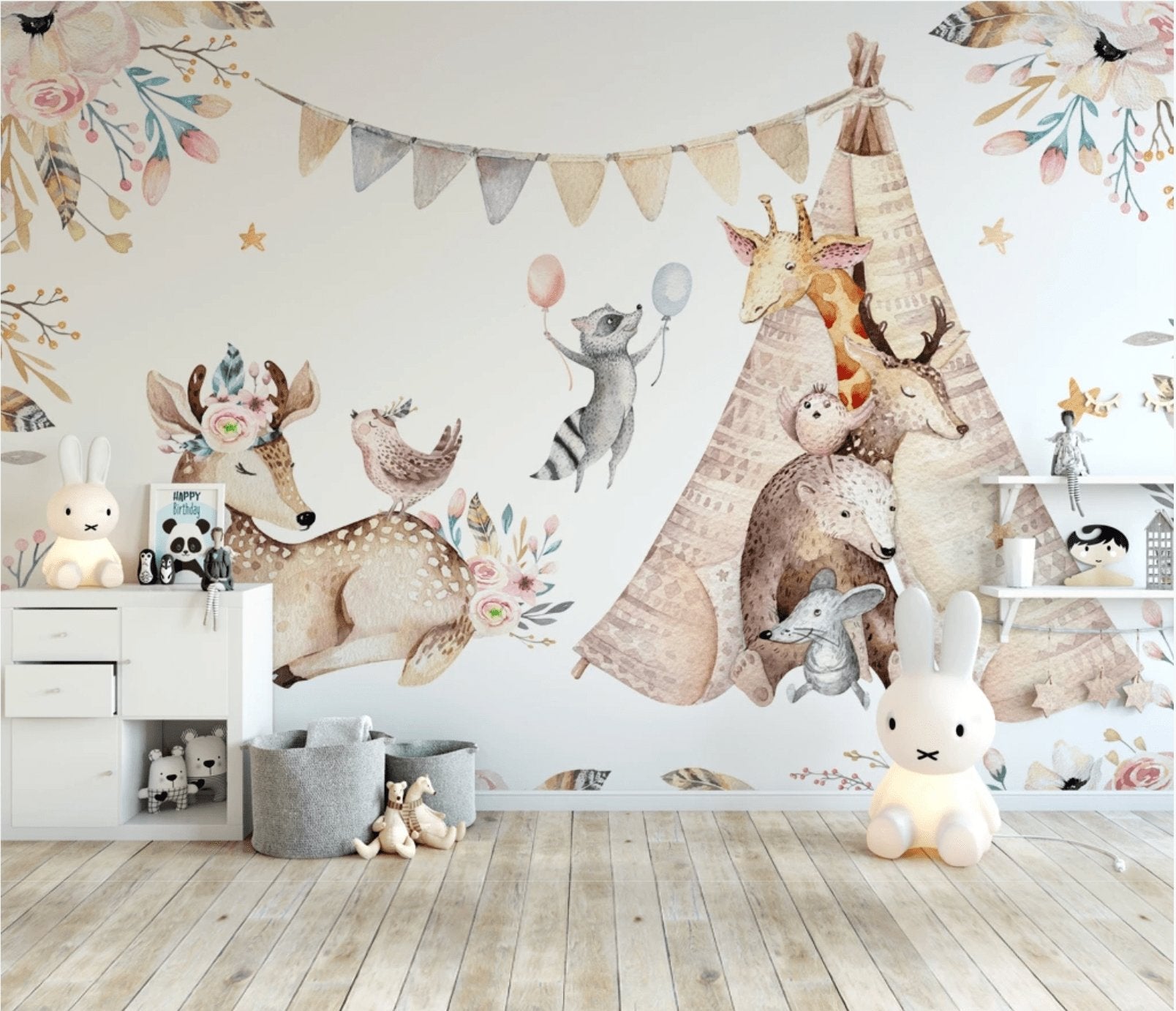 Papier peint panoramique chambre enfant craquant animaux - papier peint sur mesure francais - muralconcept