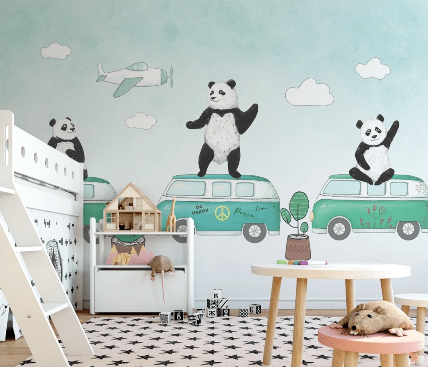 Papier peint panoramique enfant panda rigolo - papier peint sur mesure francais - muralconcept